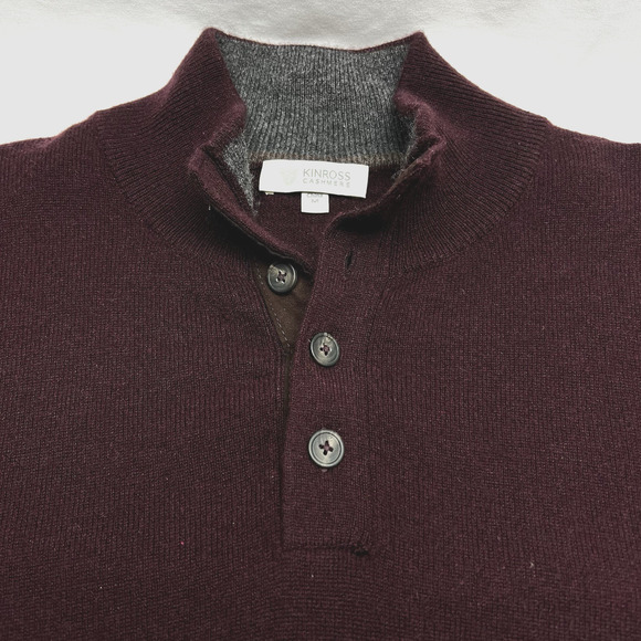 Kinross Cashmere 100% Cashmere Henley Sweater Maroon With Brown Elbow Patches M - Picture 3 of 8